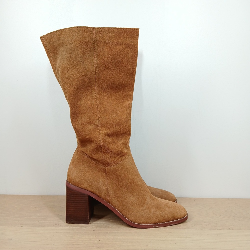 Crown Vintage Mid Calf Slouch Boots Women's 8.5 Tan Suede Block Heel 70s Retro - Picture 7 of 12